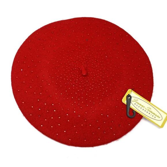 Jeanne Simmons Accessories Accessories - Red Beaded Beret Wool Blend Vintage Inspired Classic Style Hat w Beads - Hey Viv